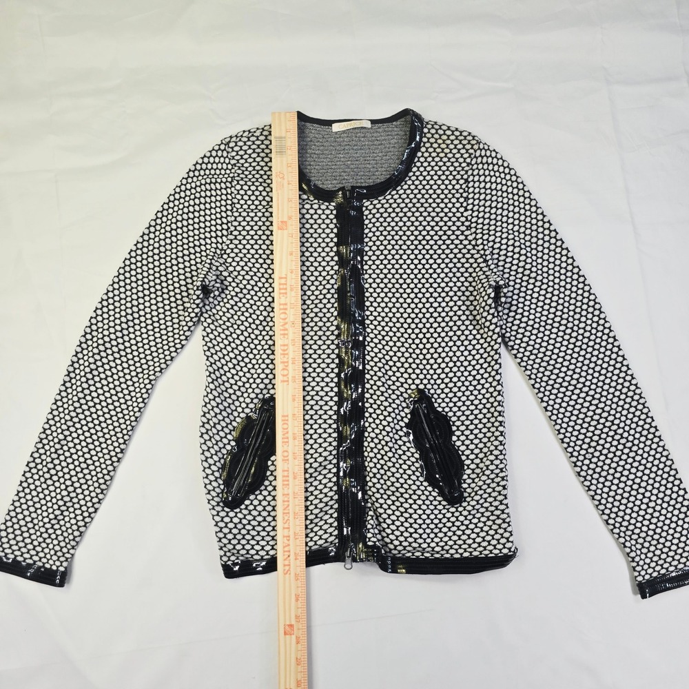Caprice Honeycomb Knit Zip Front Cardigan Women's Large Black White Patent Trim - Picture 2 of 9